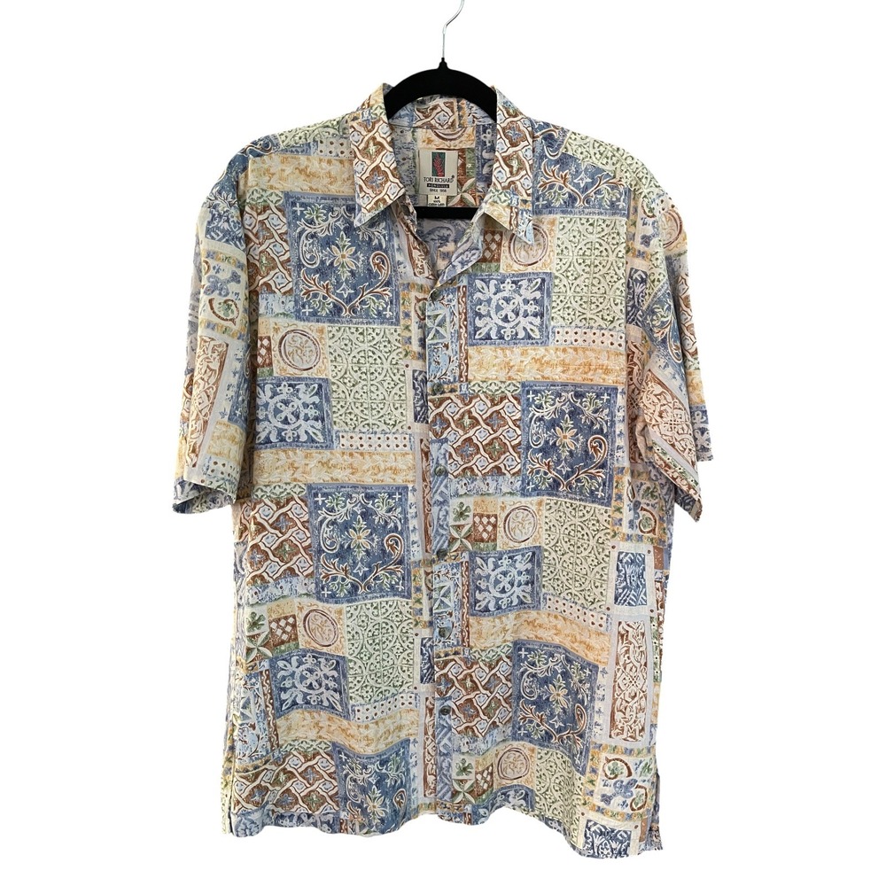 Tori Richard Mens M 100% Cotton Lawn Short Sleeve Tile Print Aloha Shirt